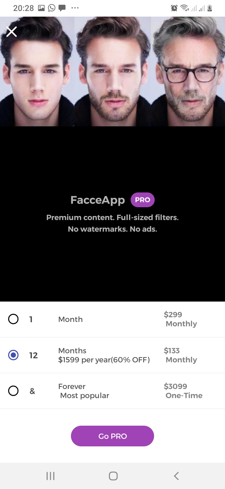 Facce App Pro Version Screen
