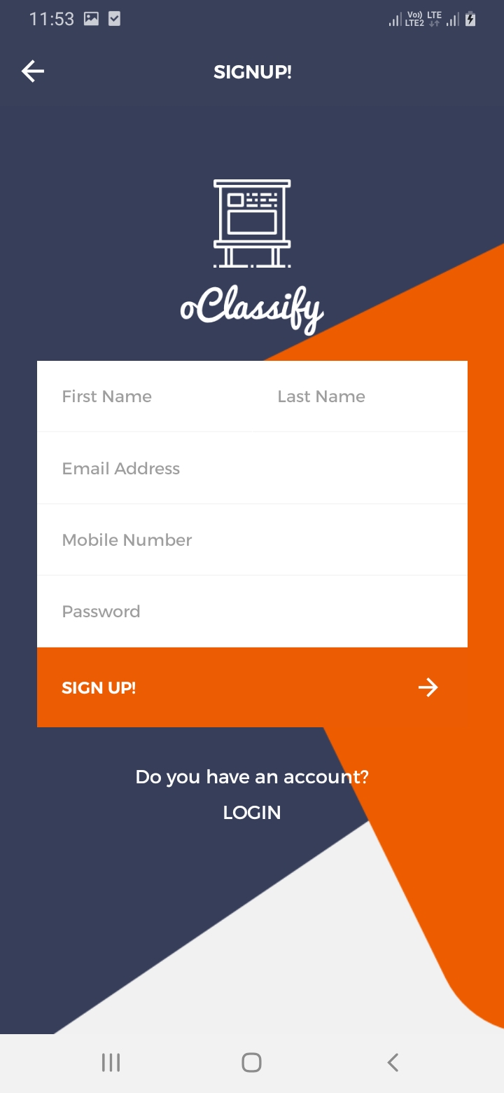 oClassify Sign Up Screen