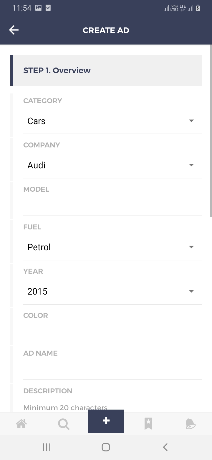 oClassify Create Ad Screen