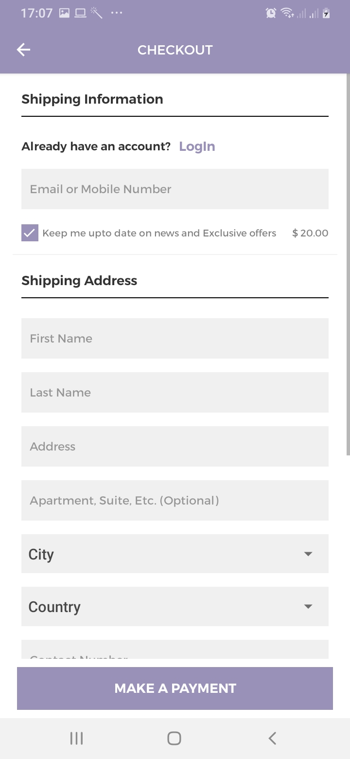 dWear Checkout Screen