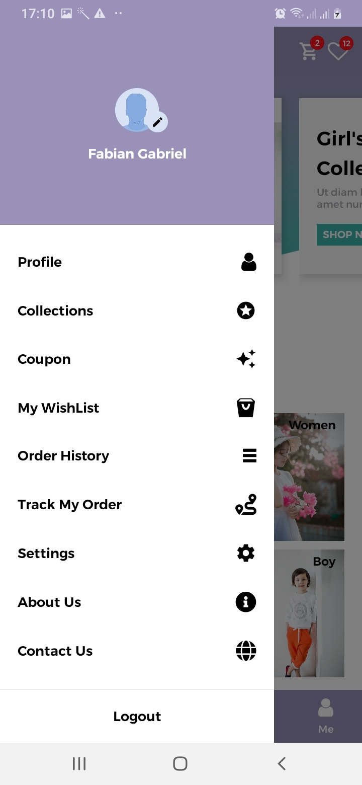 dWear Navigation Drawer Screen