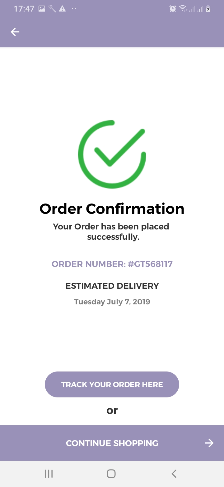 dWear Order Confirmation Screen
