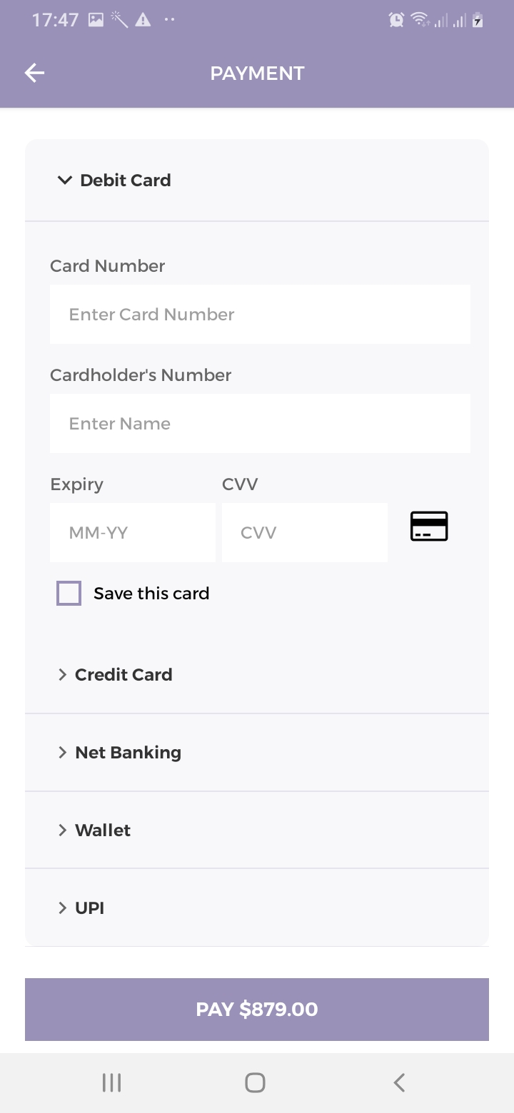 dWear Payment Gateway Screen