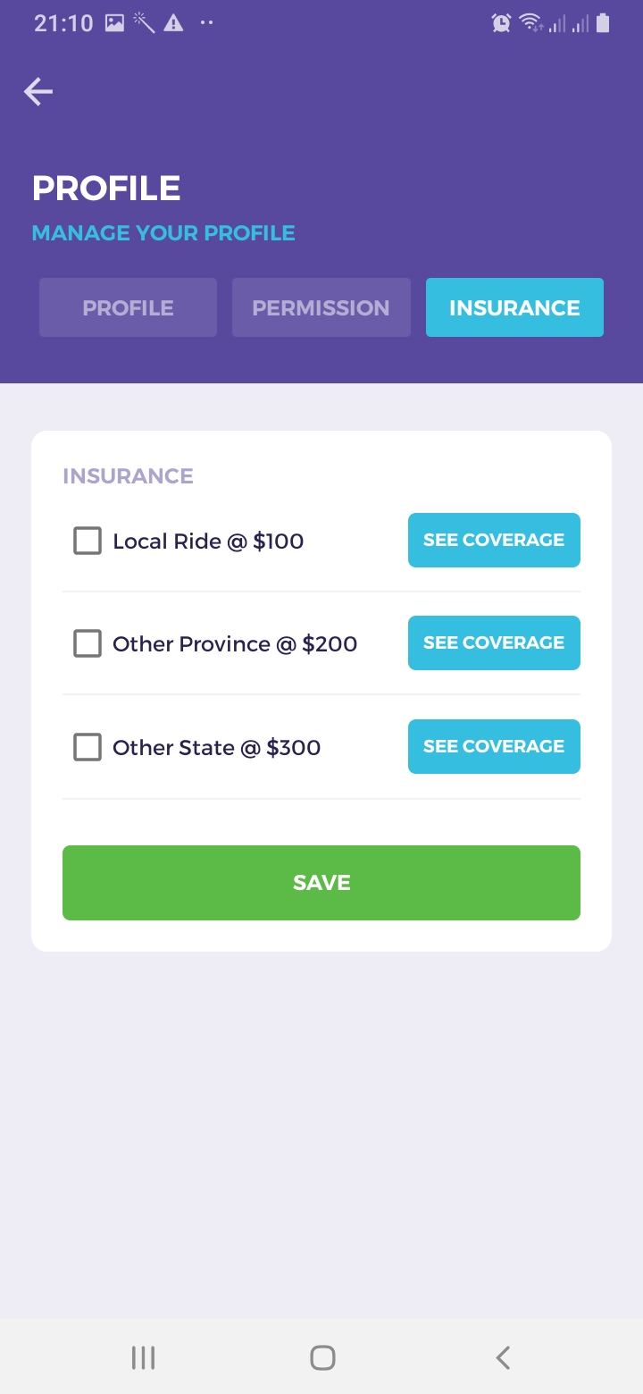 Truckie Customer - Profile - Insurance Screen