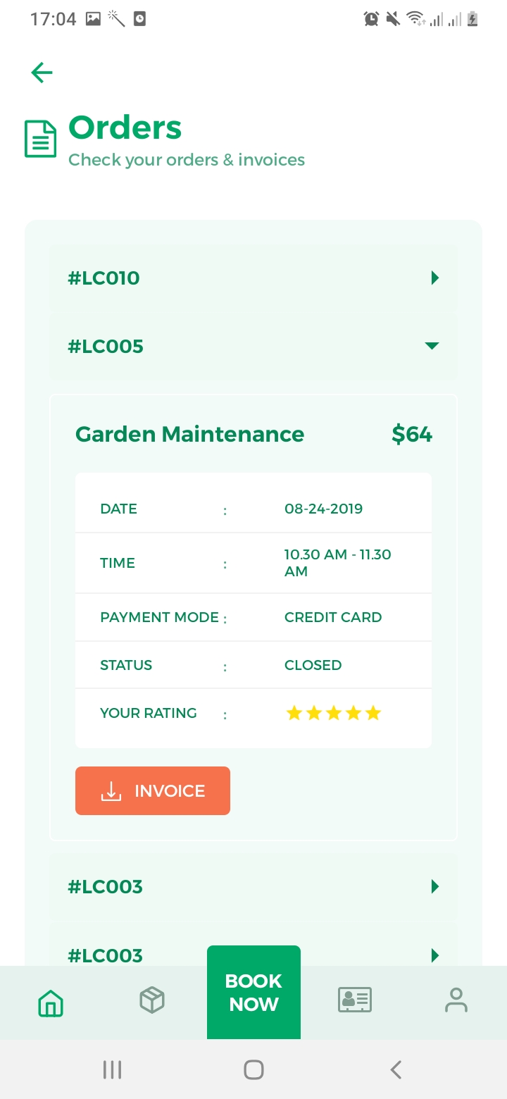 Lawn Clean Orders Screen