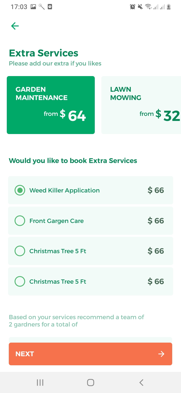 Lawn Clean Booking Screen