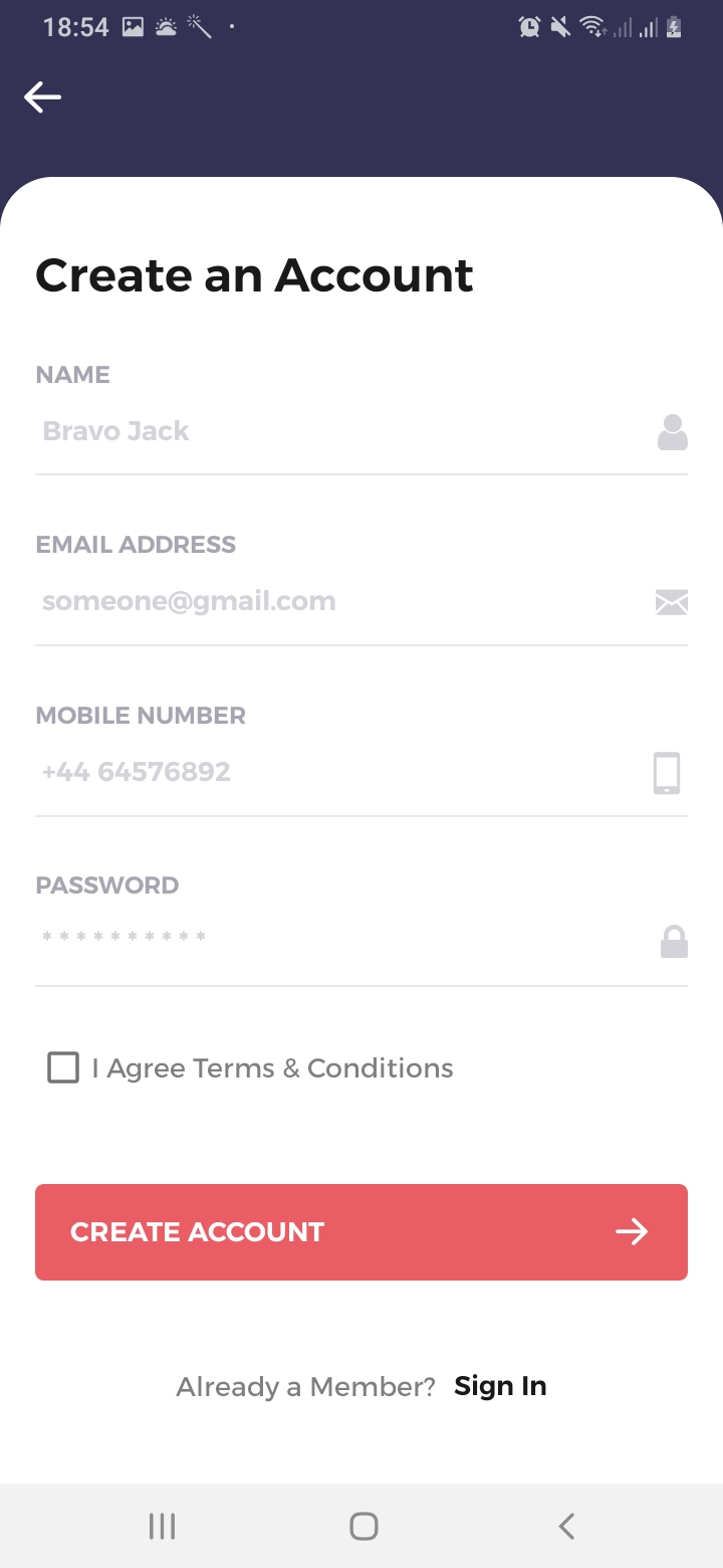 We Car Care Sign Up Screen