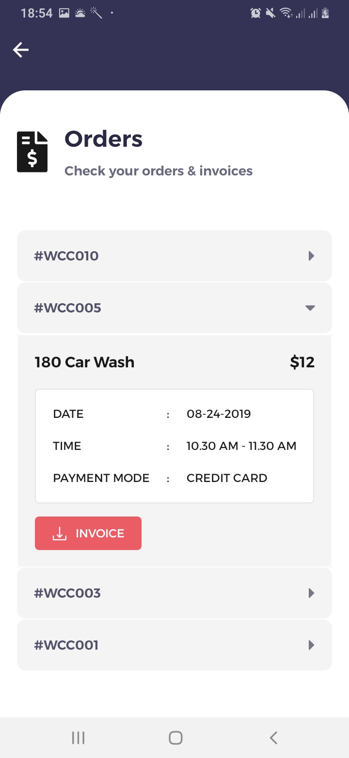 We Car Care Orders Screen