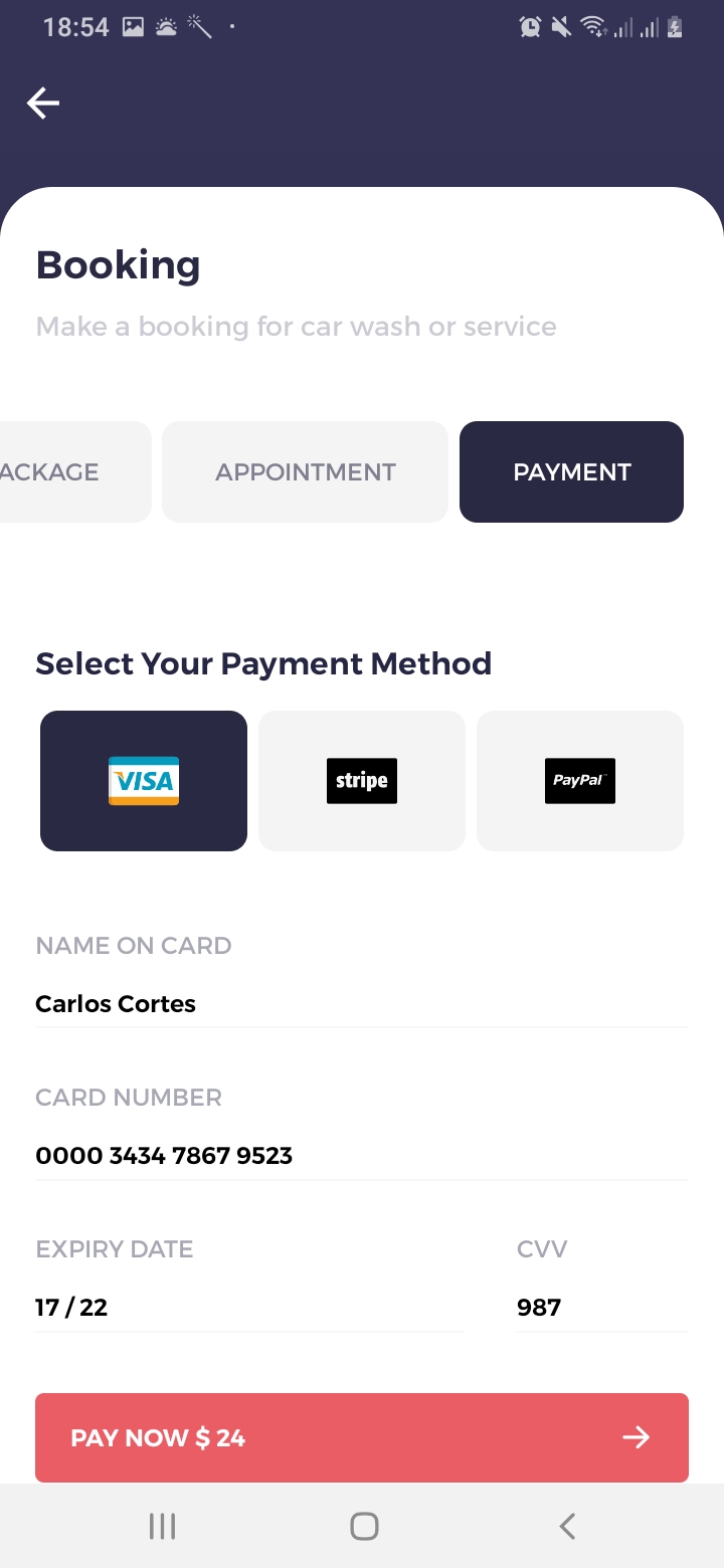 We Car Care Booking Payment Screen