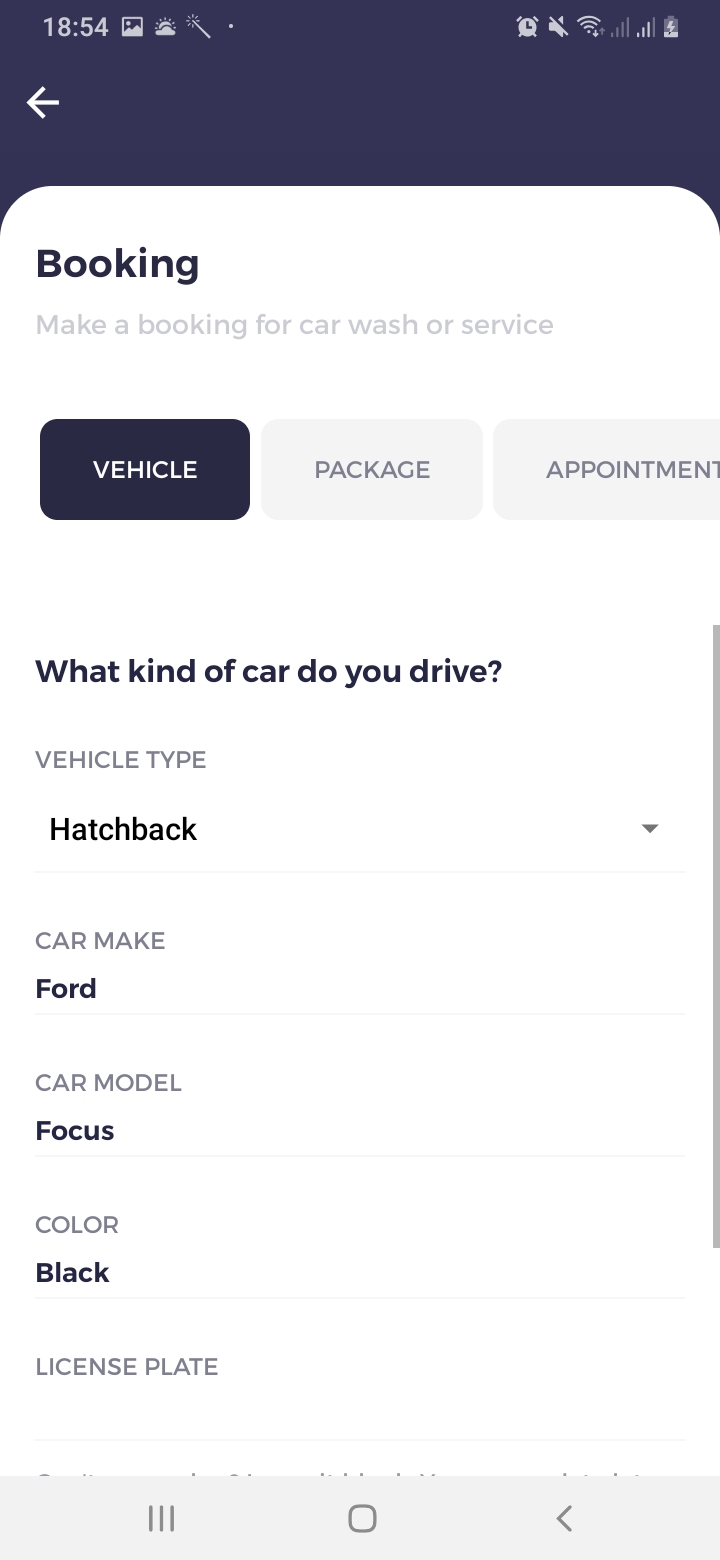 We Car Care Booking Screen