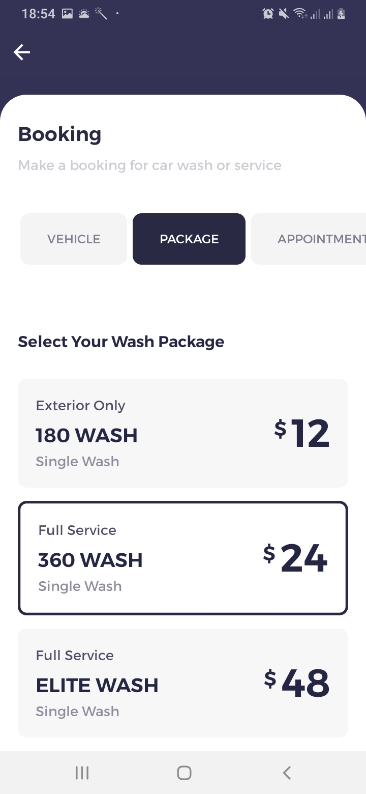 We Car Care Booking Package Screen