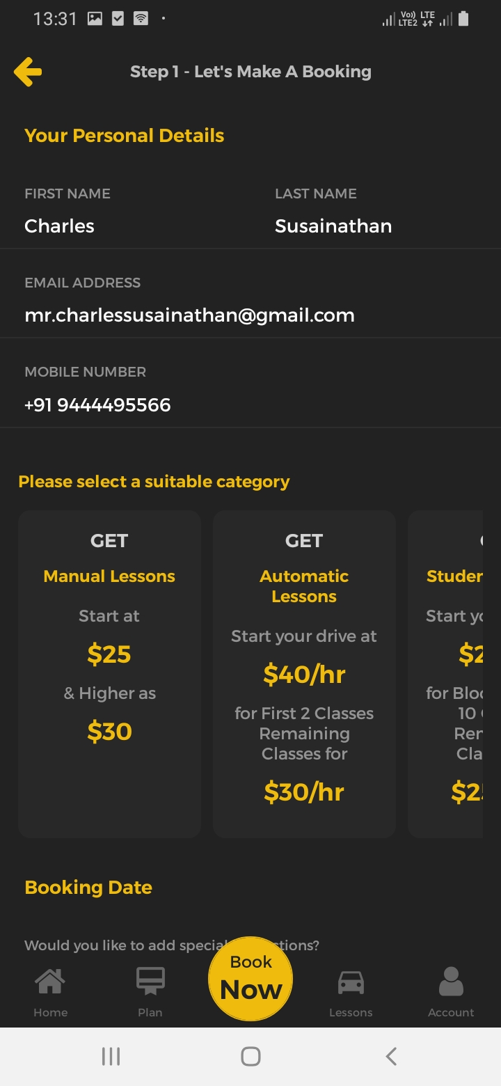 iDrive Booking - Step 1 Screen