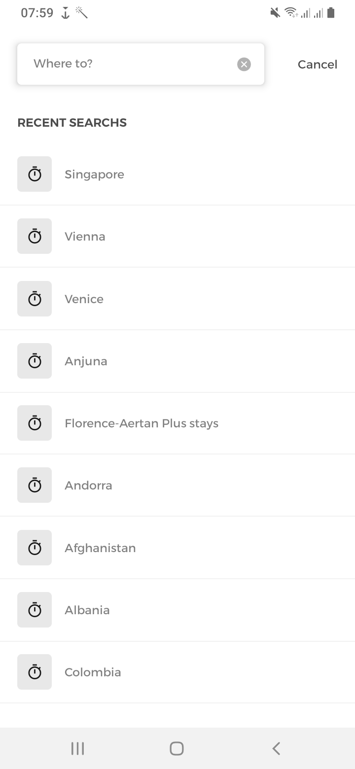 Aertan (Airbnb Clone) Search Destinations Screen