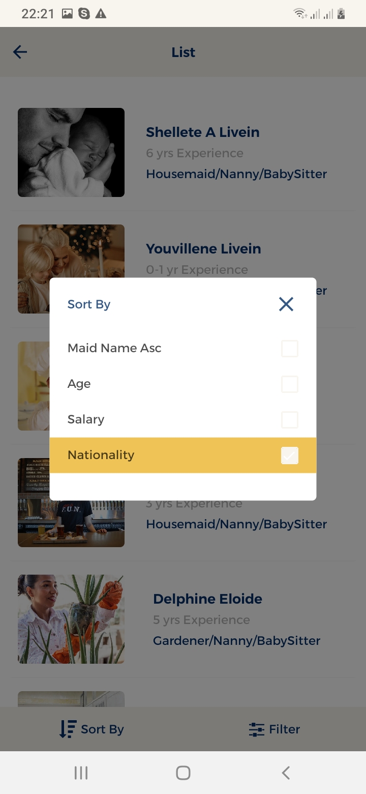 Maid Finder Sorting Screen