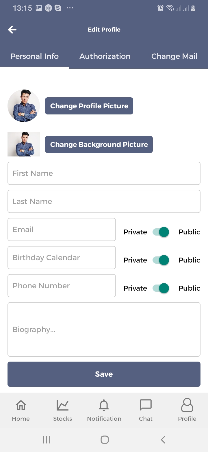 AweFin Manage Profile Screen