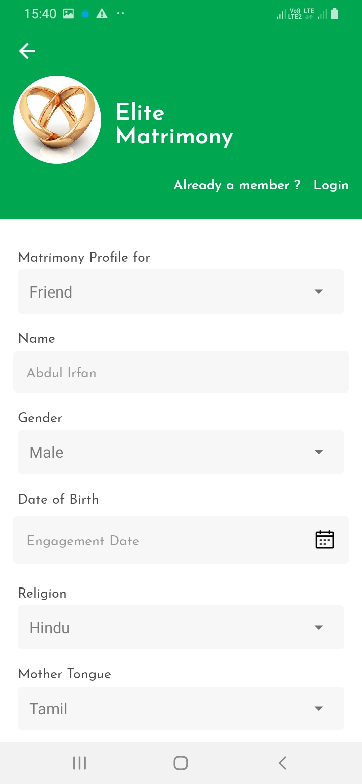 Elite Matrimony Register Screen