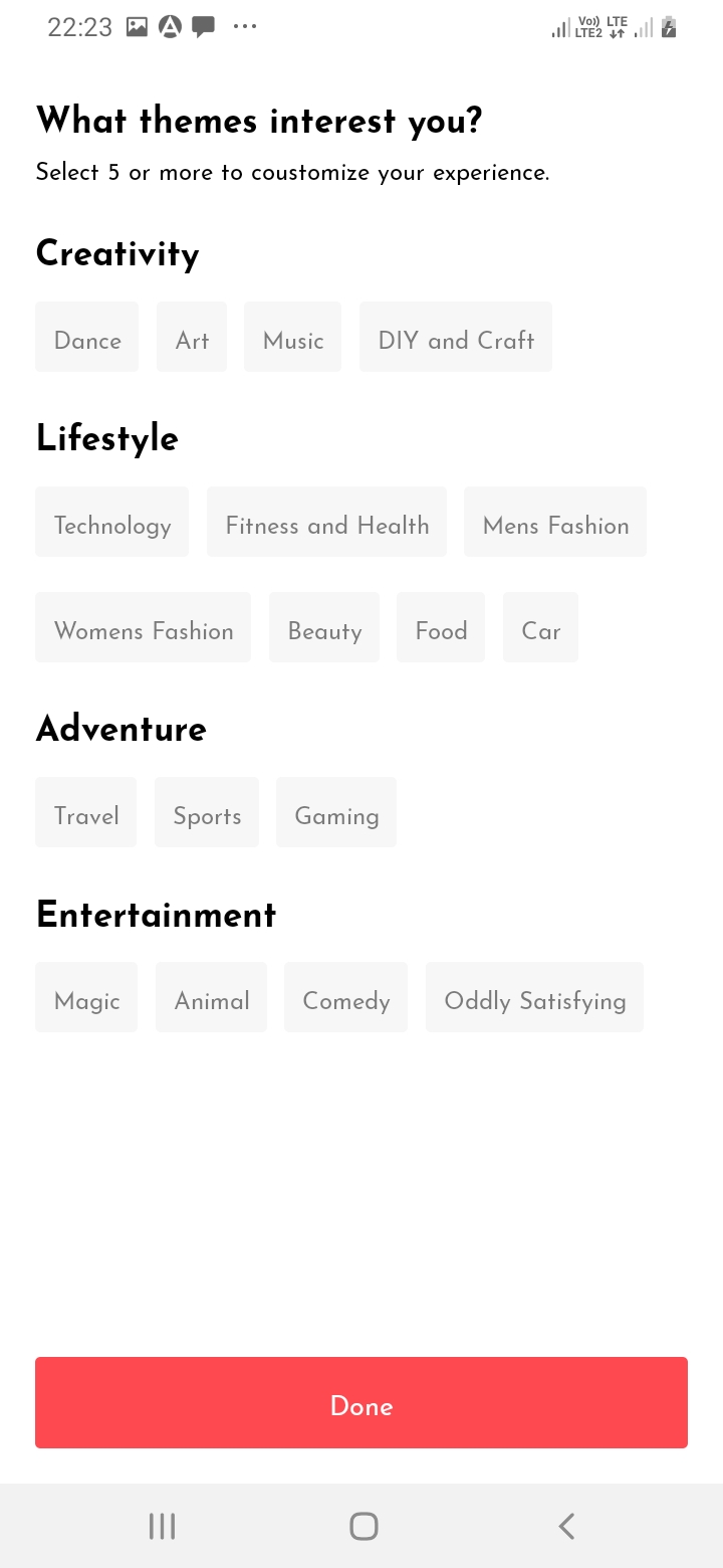 SnapTok Interest Screen