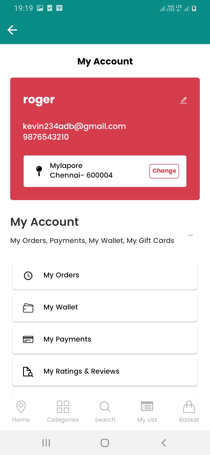 eGrocery My Account Screen