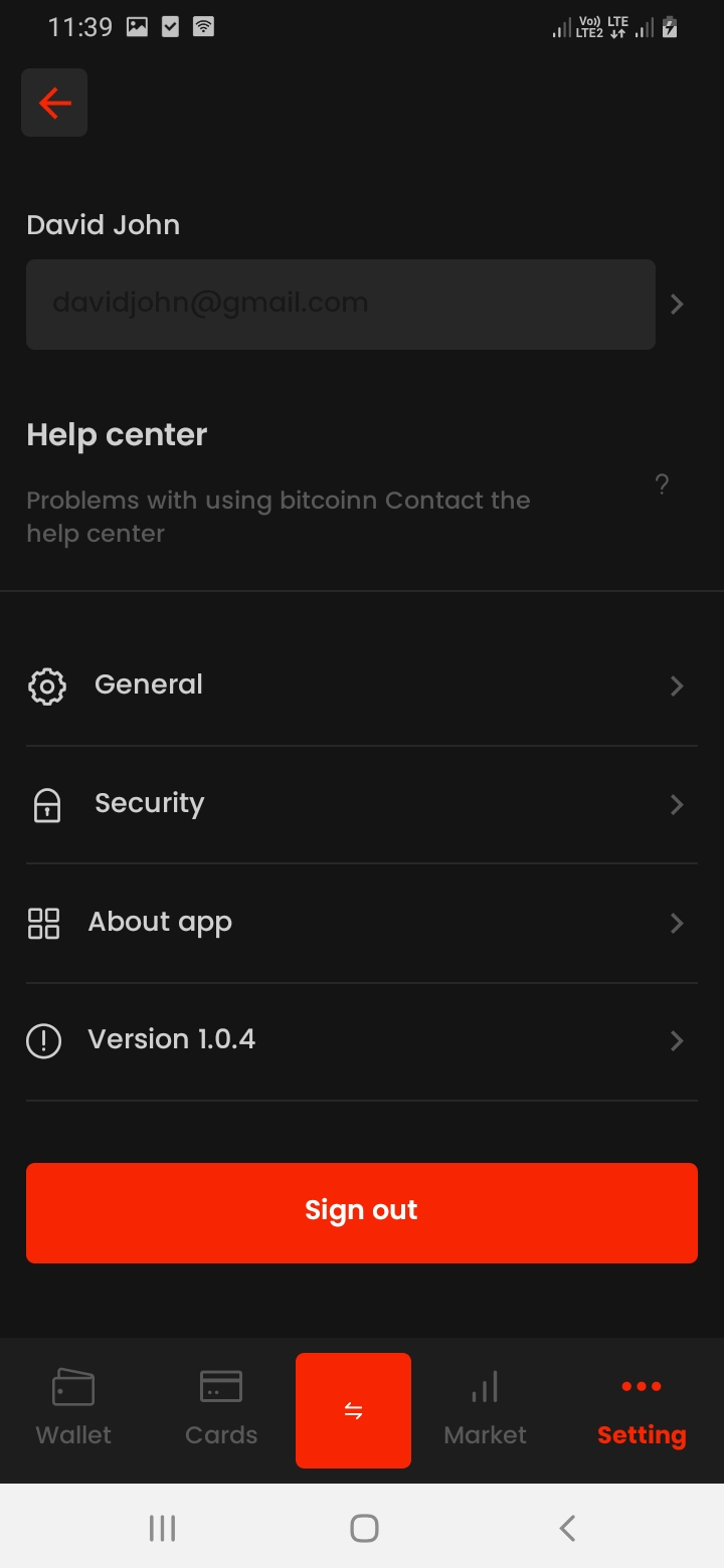 BitCoiin Settings Screen
