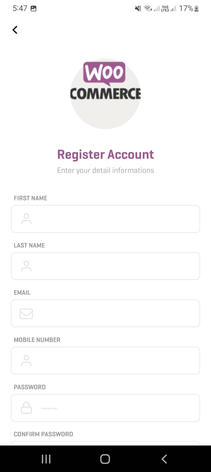 WooCommerce React Native App Register Screen
